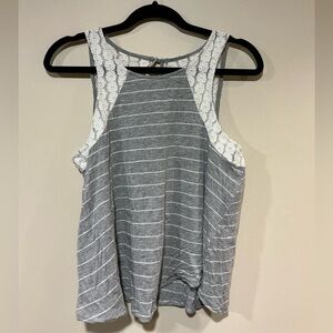 Gray and white striped tank with floral lace back